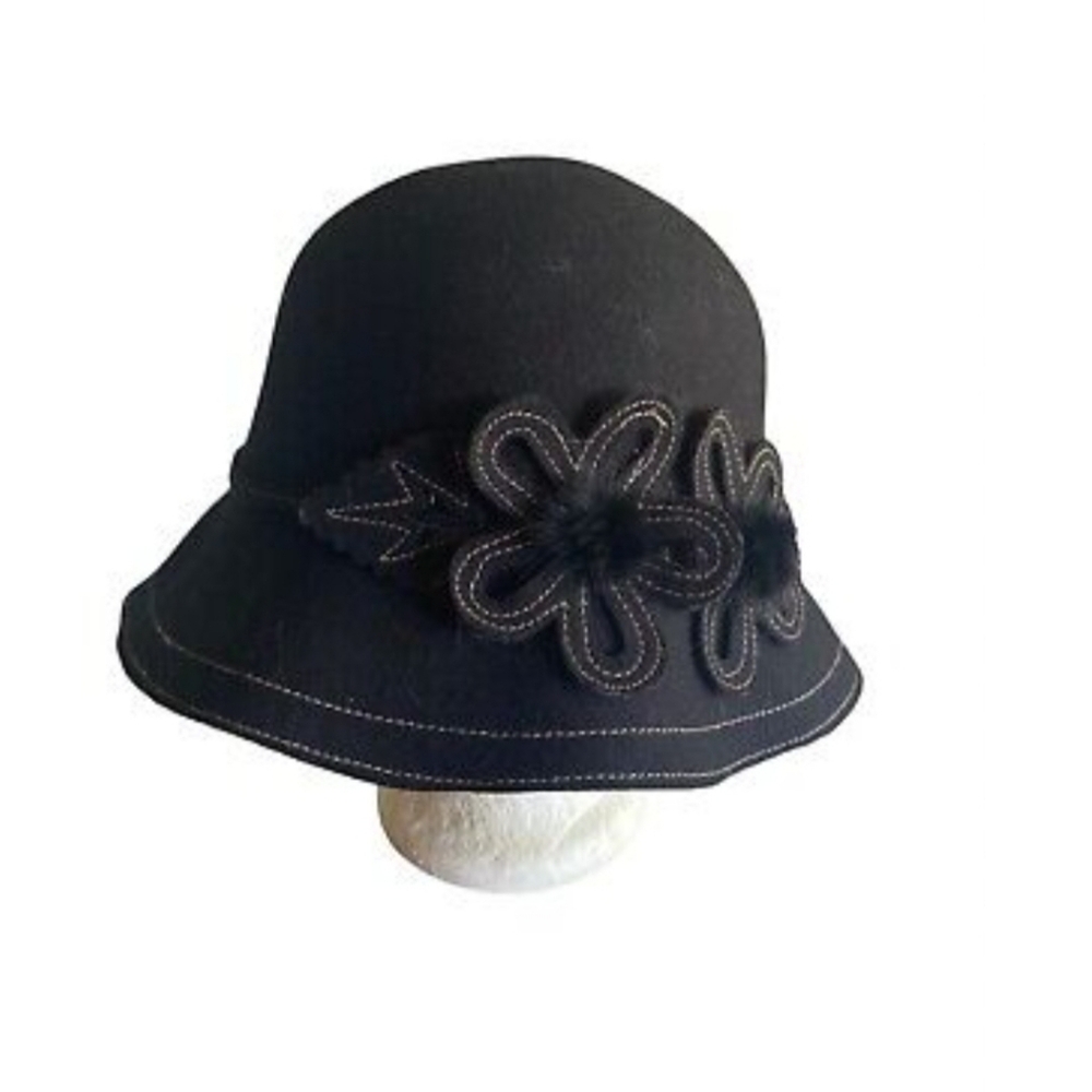 Scala Wool Mink Cloche Hat Flower Applique Round Ruffle Edge Handcrafted NWT